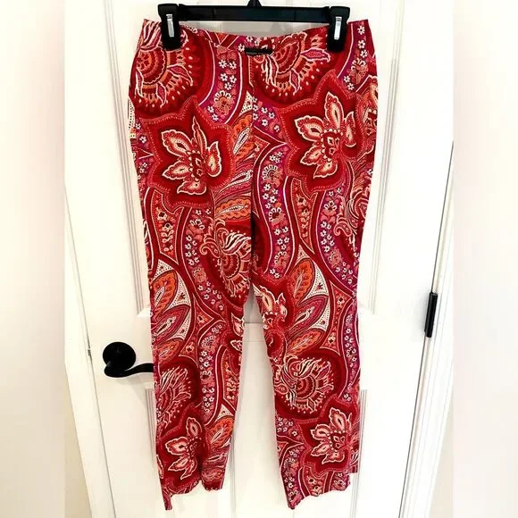 Banana Republic Red Pink Paisley Straight Pants Women's Size 6 - Picture 1 of 6